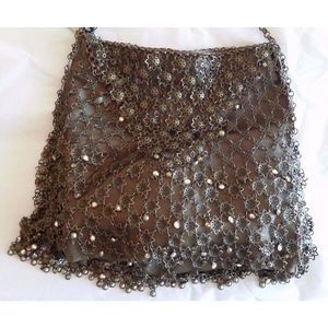 Kenny Ma Metal Mesh Swarovski Flower Beaded Handbag Purse Bag Bronze